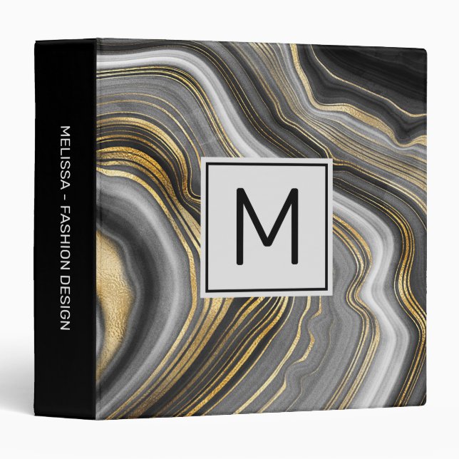 Modern Gold & Gray Agate Geode Gemstone 3 Ring Binder (Front/Spine)