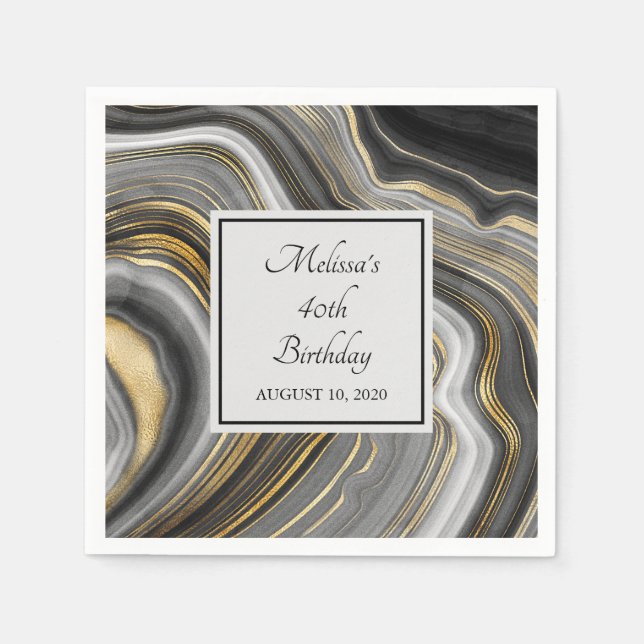 Modern Gold & Gray Agate Geode Gemstone Birthday Napkins (Front)