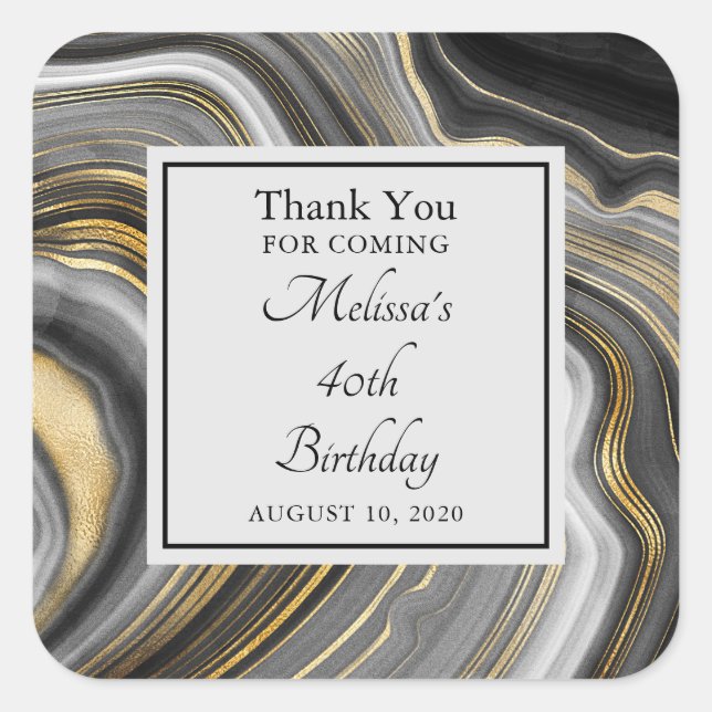 Modern Gold & Gray Agate Geode Gemstone Birthday Square Sticker (Front)