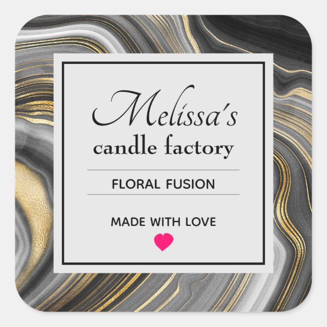 Modern Gold & Gray Agate Geode Gemstone Candle Biz Square Sticker (Front)