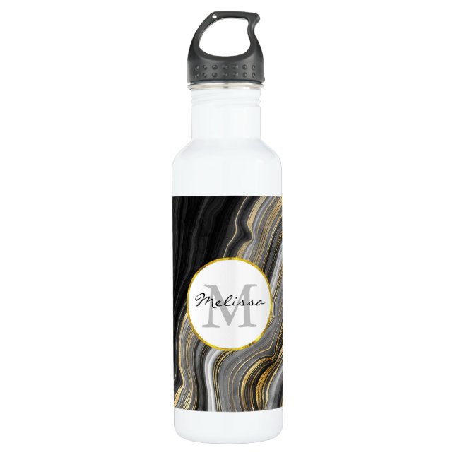 Modern Gold & Gray Agate Geode Gemstone Stainless Steel Water Bottle (Front)