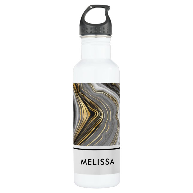 Modern Gold & Gray Agate Geode Gemstone Stainless Steel Water Bottle (Front)