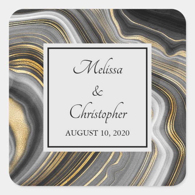Modern Gold & Gray Agate Geode Gemstone Wedding Square Sticker (Front)