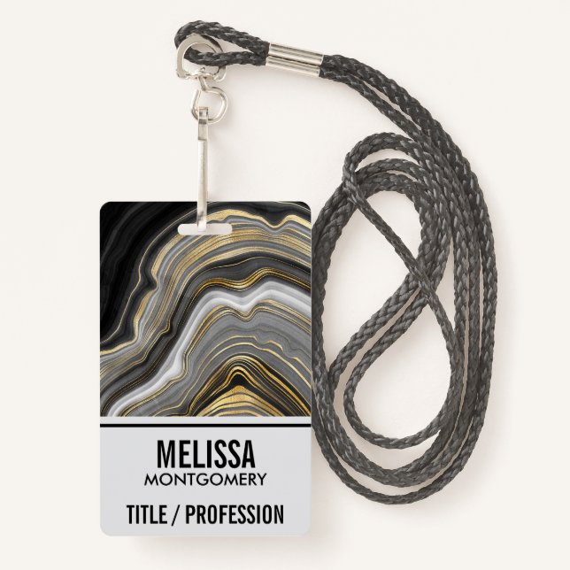 Modern Gold & Gray Agate Geode Mineral Monogram Badge (Front with Lanyard)
