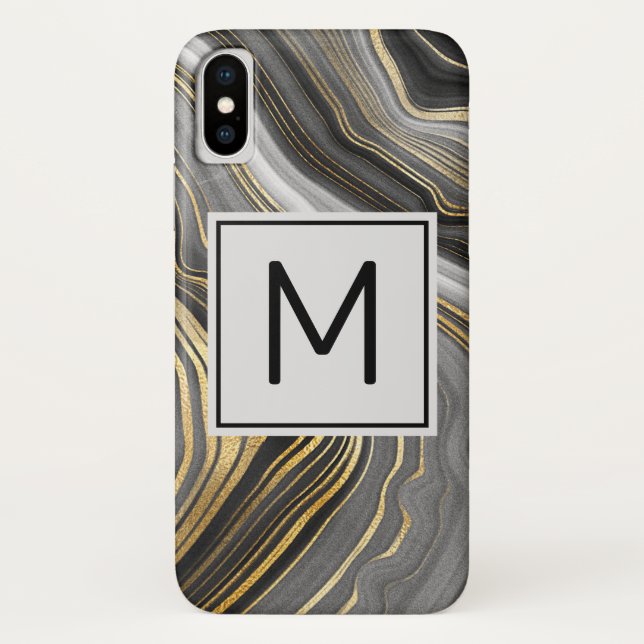 Modern Gold & Gray Agate Geode Mineral Monogram Case-Mate iPhone Case (Back)