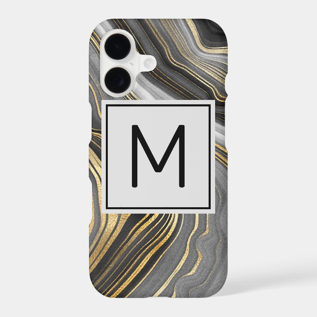 Modern Gold & Gray Agate Geode Mineral Monogram Iphone Case (Back)