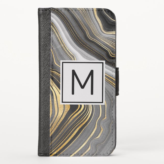 Modern Gold & Gray Agate Geode Mineral Monogram iPhone Wallet Case (Front)