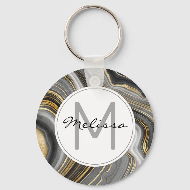 Modern Gold & Gray Agate Geode Mineral Monogram Keychain (Front)