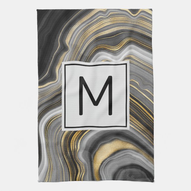 Modern Gold & Gray Agate Geode Mineral Monogram Kitchen Towel (Vertical)