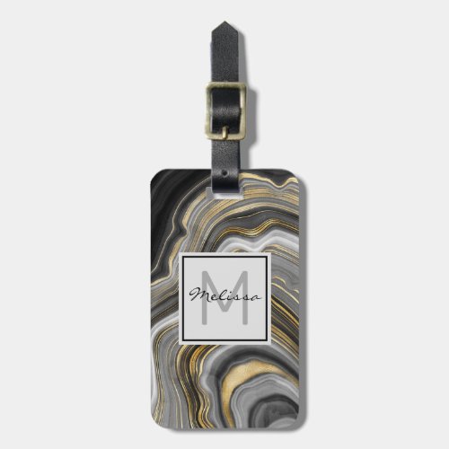 Modern Gold  Gray Agate Geode Mineral Monogram Luggage Tag