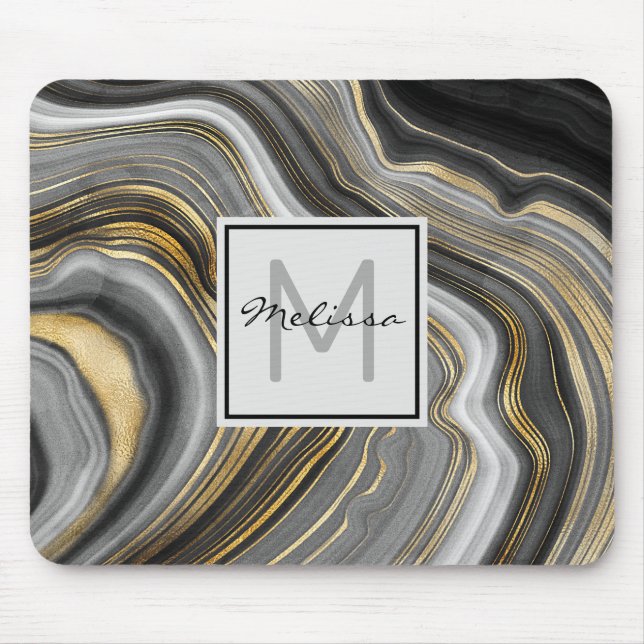Modern Gold & Gray Agate Geode Mineral Monogram Mouse Pad (Front)