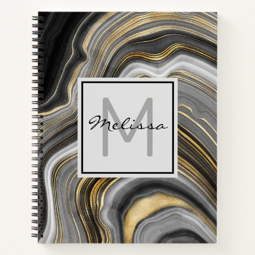 Modern Gold  Gray Agate Geode Mineral Monogram Notebook