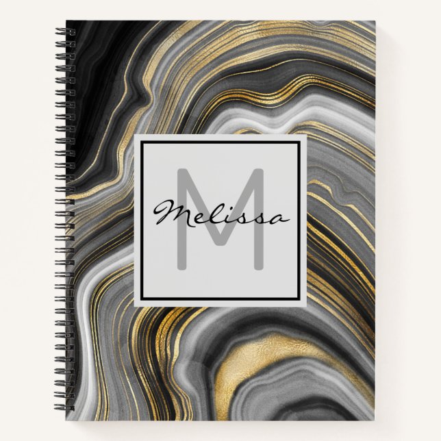 Modern Gold & Gray Agate Geode Mineral Monogram Notebook (Front)