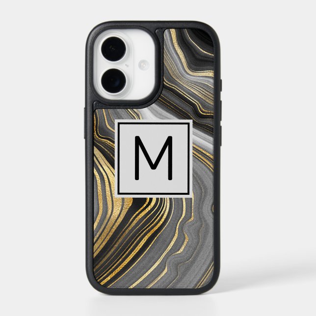 Modern Gold & Gray Agate Geode Mineral Monogram Otterbox iPhone Case (Back)