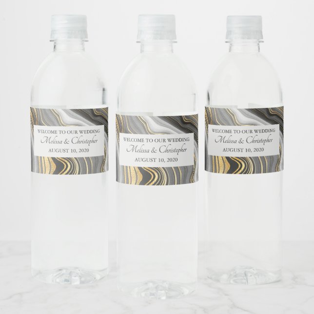 Modern Gold & Gray Agate Geode Mineral Wedding Water Bottle Label (Bottles)
