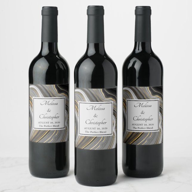 Modern Gold & Gray Agate Geode Mineral Wedding Wine Label (Bottles)