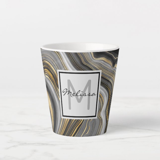 Modern Gold & Gray Agate Geode Monogram Latte Mug (Front)