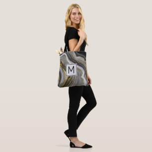 Modern Gold & Gray Agate Geode Monogram Tote Bag