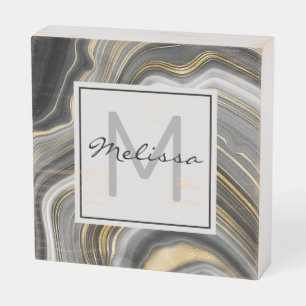 Modern Gold & Gray Agate Geode Monogram Wooden Box Sign