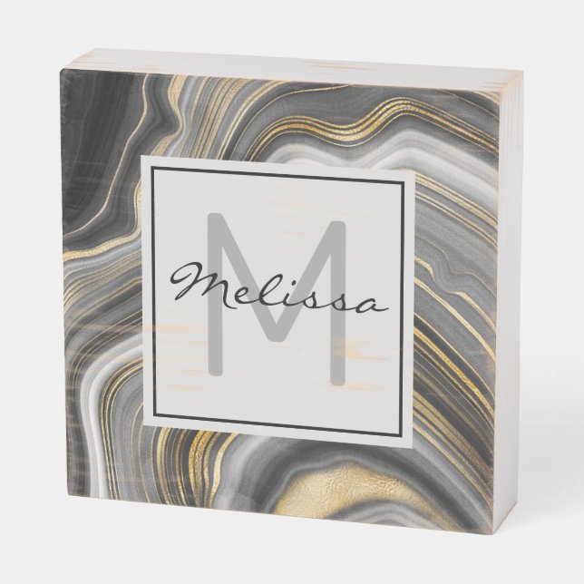 Modern Gold & Gray Agate Geode Monogram Wooden Box Sign (Angled Horizontal)