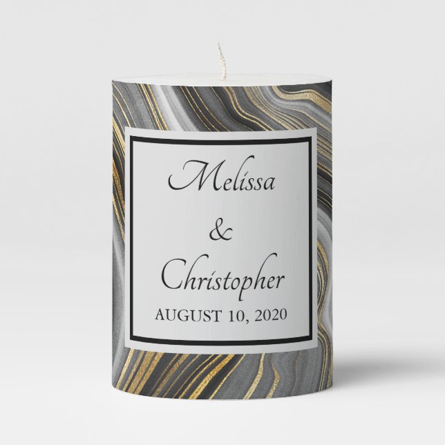 Modern Gold & Gray Agate Geode Wedding Pillar Candle (Front)