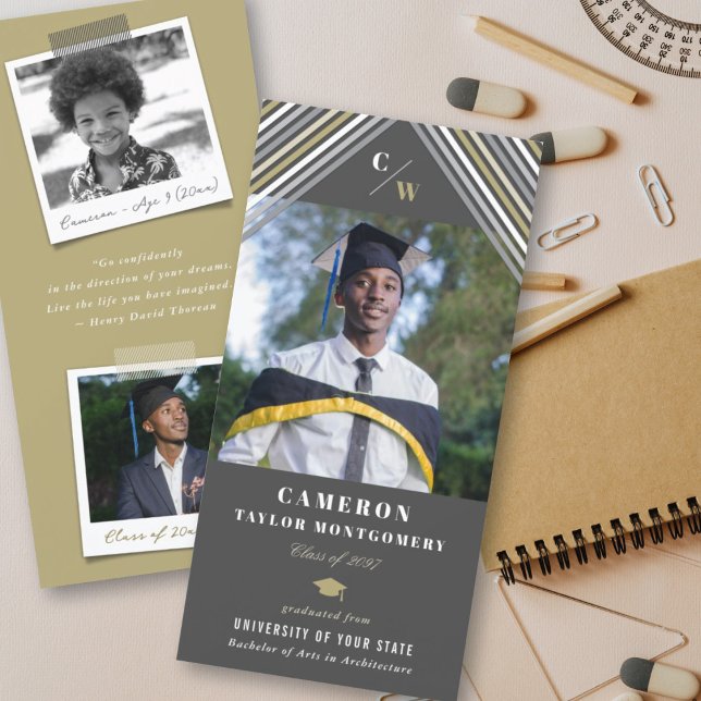 Modern Gold Gray Diagonal Stripes Photo Graduation Announcement (Creator Uploaded)