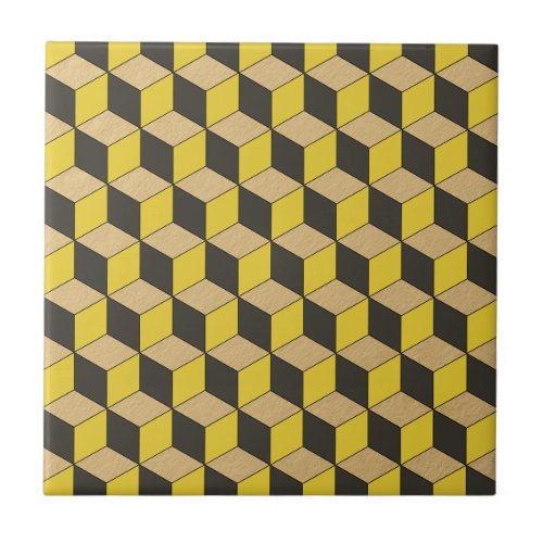 Modern Gold Gray Geometric Cube Pattern Ceramic Tile