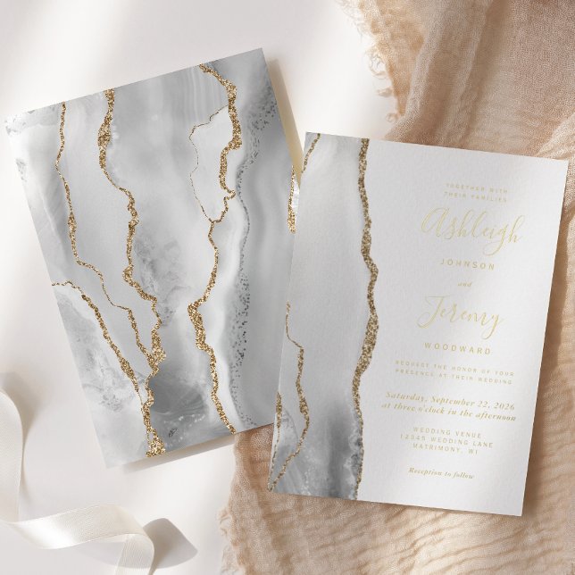 Modern Gold Gray White Agate Wedding Foil Invitation (Creator Uploaded)