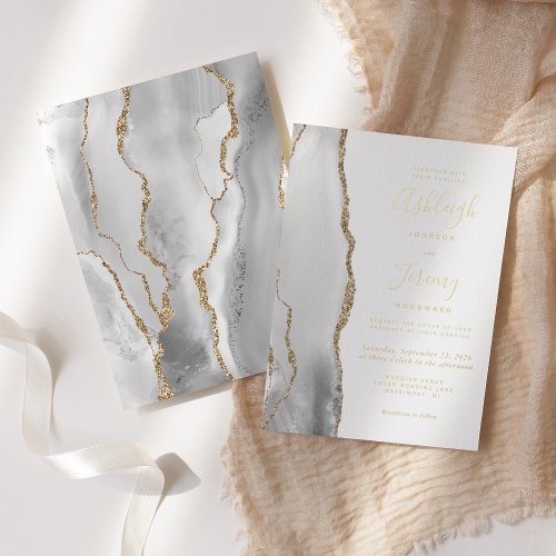 Modern Gold Gray White Agate Wedding Foil Invitation