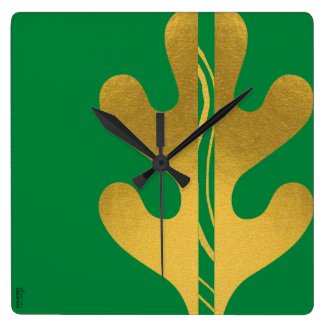 Modern Gold Green Abstract Leaf Pattern Square Wall Clock