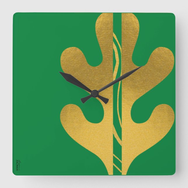 Modern Gold Green Abstract Leaf Pattern Square Wall Clock (Front)