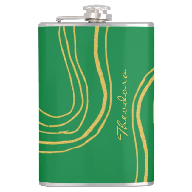 Modern Gold Green Abstract Pattern Flask (Front)