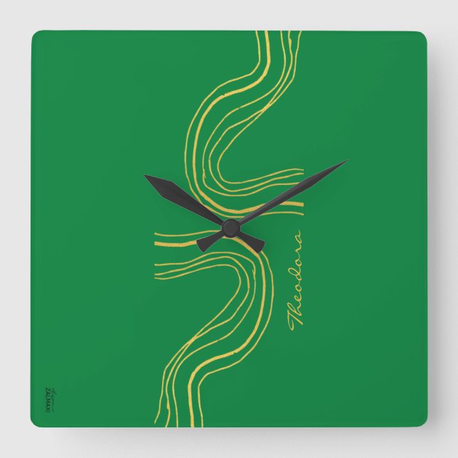 Modern Gold Green Abstract Pattern Square Wall Clock (Front)