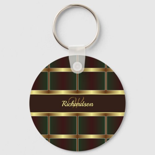 Modern Gold Green  Burgundy Geometric Checkered Keychain