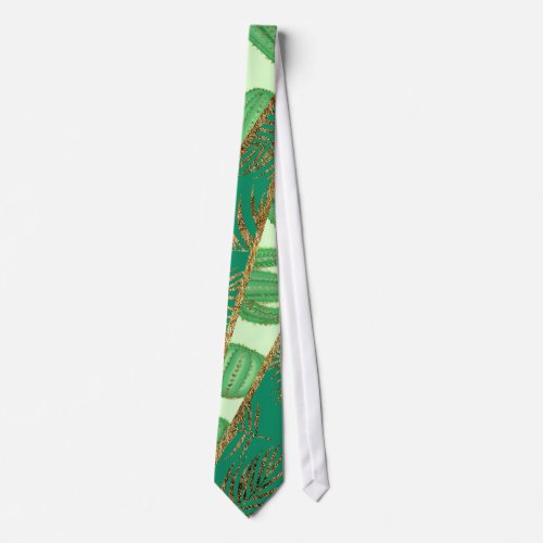 Modern Gold Green Cactus Palm Leaf Geometric Neck Tie