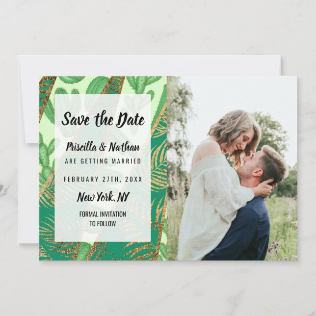 Modern Gold Green Cactus Palm Leaf Geometric Save The Date (Front)