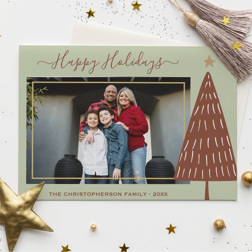 Modern Gold Green Christmas Tree Photo Holiday Note Card