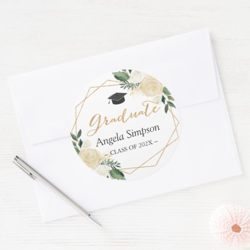 Modern Gold Green Floral Graduation Graduate Classic Round Sticker | Zazzle