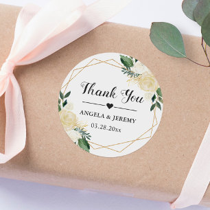 Modern Gold Green Floral Wedding Favor Thank You Classic Round Sticker