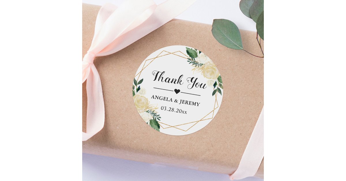 Modern Gold Green Floral Wedding Favor Thank You Classic Round Sticker ...