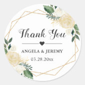 Modern Gold Green Floral Wedding Favor Thank You Classic Round Sticker (Front)