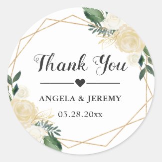 Modern Gold Green Floral Wedding Favor Thank You Classic Round Sticker