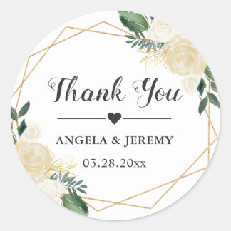 Modern Gold Green Floral Wedding Favor Thank You Classic Round Sticker