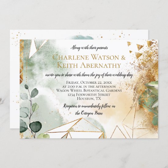 Modern Gold Green Geometric Botanical Wedding Invitation