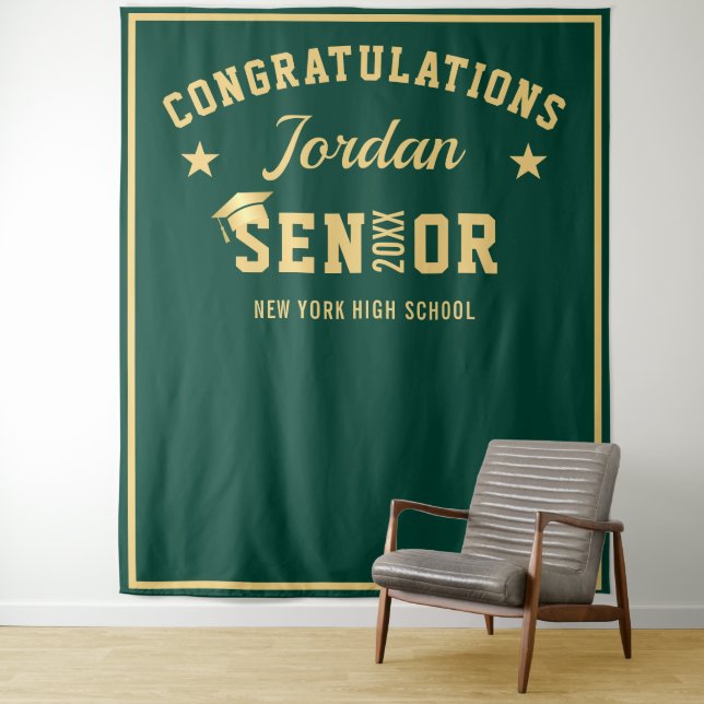 Modern Gold Green Graduation Photo Booth Backdrop (In Situ)