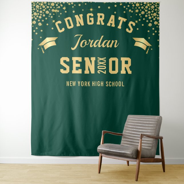 Modern Gold Green Graduation Photo Booth Backdrop (In Situ)