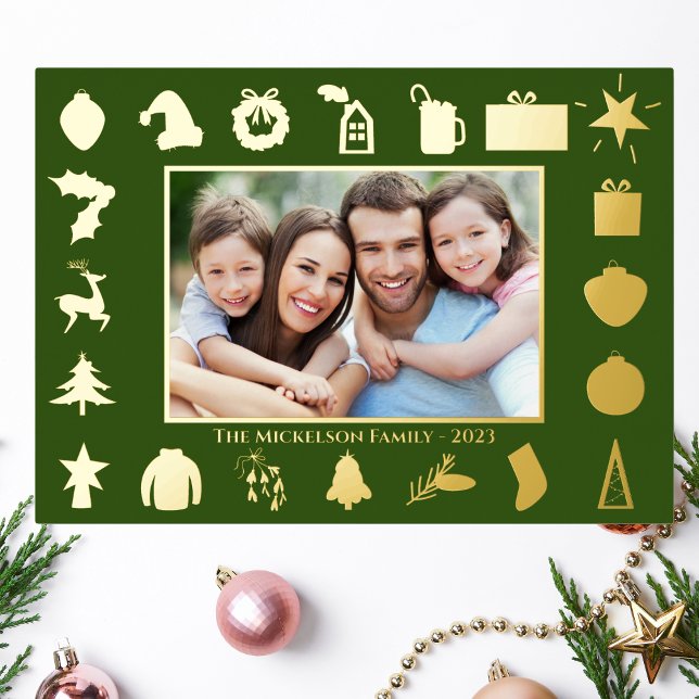 Modern Gold Green Photo Christmas Foil Holiday Card (Go Gold This Holiday Season! Real Foil - Fun and Modern Family Photo card. Happy Holidays!)