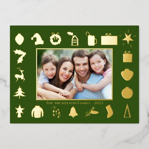 Modern Gold Green Photo Christmas Foil Holiday Postcard
