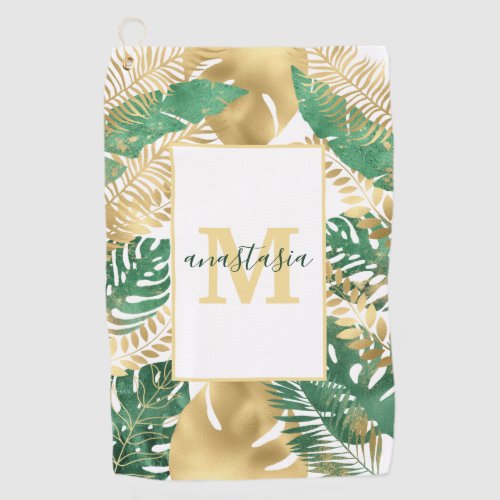 Modern Gold Green Tropical Leaves Monogram  Golf Towel