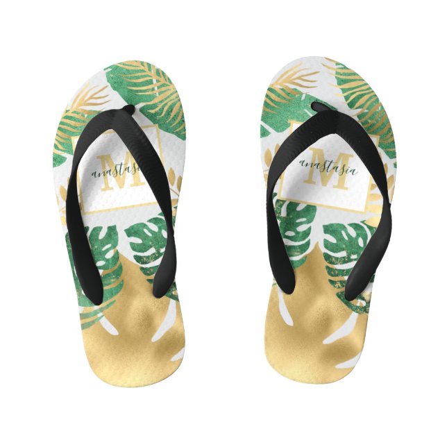 Modern Gold Green Tropical Leaves Monogram Kid's Flip Flops (Footbed)